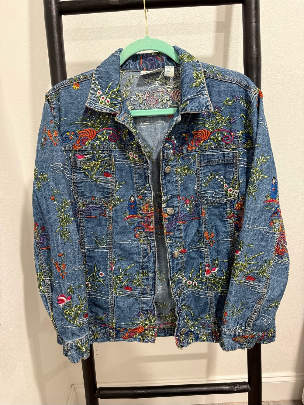 Chico’s Design Embroidered Scenic Denim Jacket Size 1